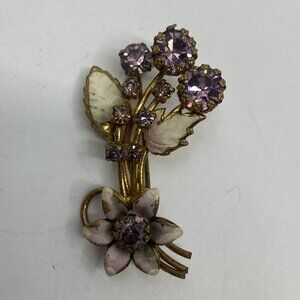 Vtg AUSTRIA ? enamel lilac rhinestone crystal flower brooch